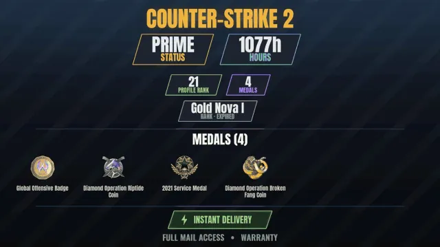 【CS2 Prime💠1000h💎4 medals】 Diamond coin of the Broken Fang operation, Diamond coin of the Riptide operation, Sale, With inventory, Has PRIME