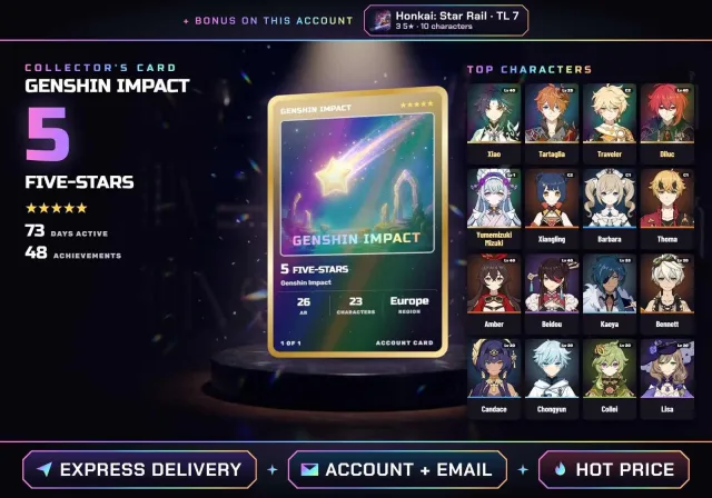 🌸 ALL DEVICES • EUROPE ✦ 5 FIVE-STAR CHARACTERS • AR 26 ✦ Xiao, Tartaglia, Traveler C2, Diluc, Any platform, Email linked, Any, Levelled up, AR 26