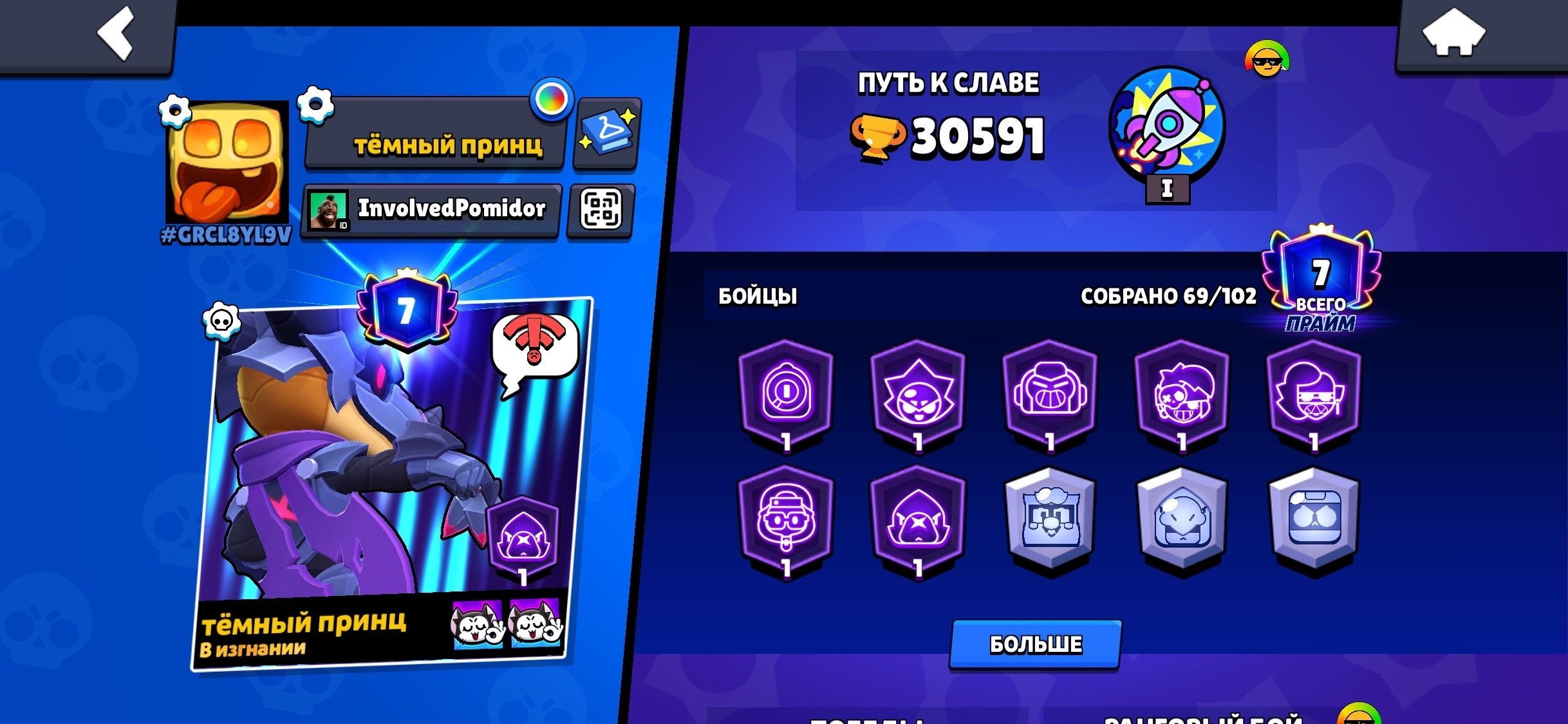 ⚡️AUTO-RELEASE⚡️ excellent pumping, lots of cool skins and game resources, trophies 30591, brawlers 69, primes 7
