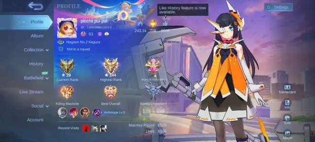 Ruby Aspirant, KOF, Sanrio, Lucky Box Karina Hayabusa Uran, Sparkle Fredrin, TP Void, Global 🔥, Sale, Rank: Mythic Immortal, Level: 93, Win Rate: 53%, Heroes: 129, Skins: 299