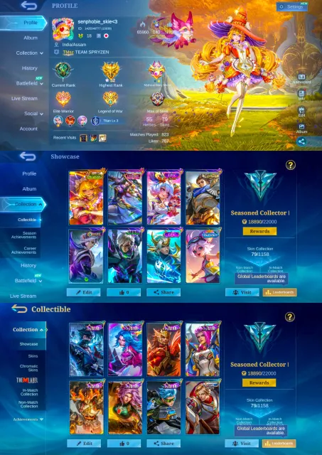 Seasons Florin, Lucky Box Fanny, Nana Anniversary, Empty Account, Global 🔥, Sale, Rank: Mythical Glory, Level: 48, Win Rate: 50%, Heroes: 55, Skins: 79