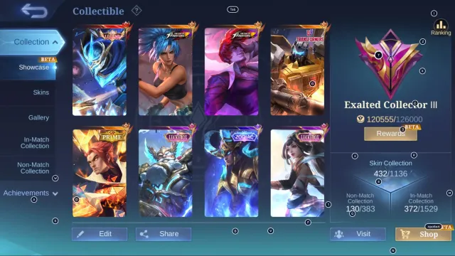 #MG242 LEGEND Gusion; Chou, Karina from KOF; Roger Grimlock; Yu Zhong (PRIME); 5 Luckybox, Sale, Rank: Mythic, Level: 129, Win Rate: 52%, Heroes: 133, Skins: 432
