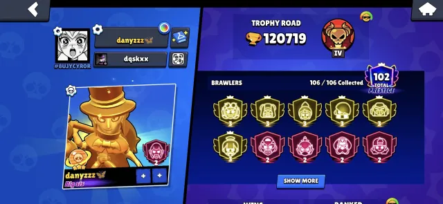 selling account from 2020, 120000 trophies, 106 brawlers, 102 primes