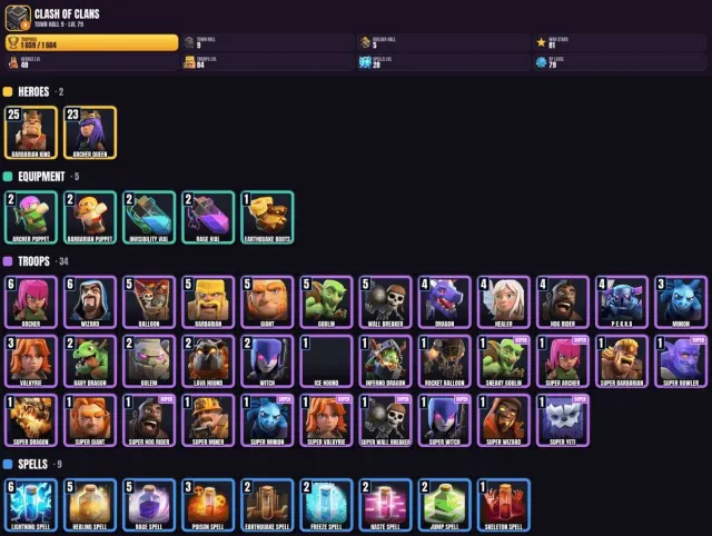 9 TH 💎 1000+ trophies 🎯 5 BH 💎 48 hero levels 💎 84 troop levels, 9 TH Native Village