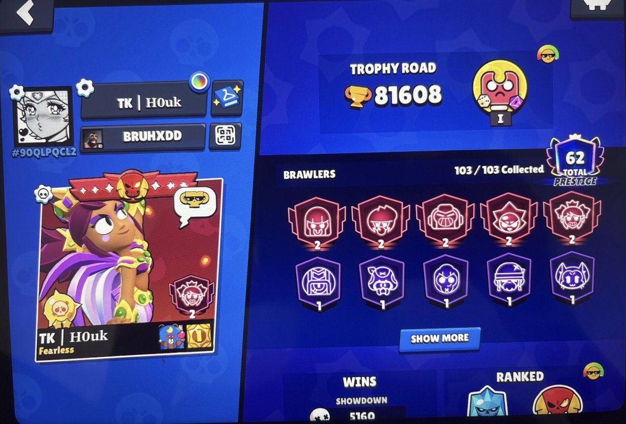 ⚡️Personal account since 2019⚡️🏆81,600🏆👥103/103👥, trophies 81600, brawlers 104, primes 62