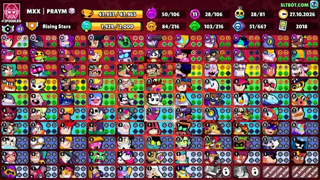 ❤️Fat AK 2018, 106 fighters, many skins, 47957 trophies, 47957 trophies, 106 brawlers, 23 primes