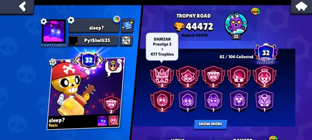 🥇donation account🥇 "Corsair" or "Pirate" Poco, 44472 trophies, 82 brawlers, 32 primes