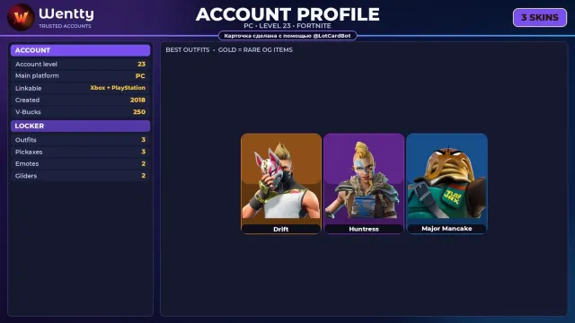 🔥 [FORTNITE] Drift, Huntress, Major Mancake — 3 скіна | 23 ур. | 250 V-Bucks, Продаж, скіни 3