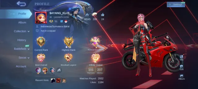 RENOWNED COLLECTOR | 1400 COA | BENEDETTA DUCATI, SELENA ZENITH, WITH 31 DELUXE SKIN /EPIC, Sale, Rank: Legend, Level: 81, Winrate: 56%, Heroes: 101, Skins: 207