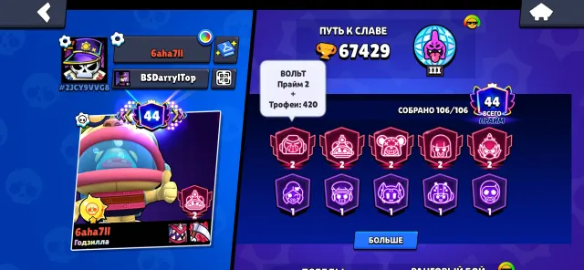 2019 account 6 hyper skins, 12 rare skins, 29 mythic skins, 113 epic skins, 67500 trophies, 106 brawlers, 44 primes