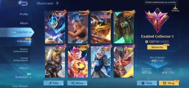 🏆 Exalted 2 💀 Gusion — Legend 👑 Silvanna — Collector ⚔️ Thamuz — General Kai 🤖 Roger — Transformer, Продажа, Ранг: Мифическая честь, Уровень: 108, Процент побед: 70%, Герои: 133, Облики: 455