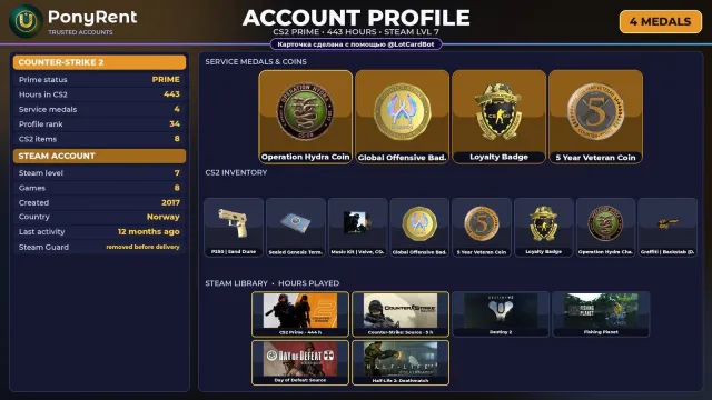 🦄 「CS2 PRIME」 +4 RARE MEDALS: HYDRA · GO · LOYALTY ♡ 2017 ♡ +3 GAMES ♡ FULL ACCESS 🌸 #4E4HIR, Sale, With inventory, Has PRIME
