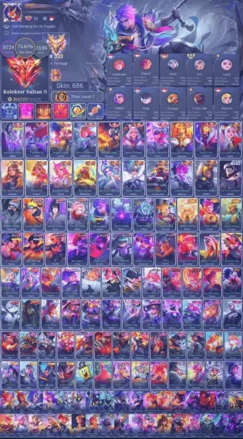 World333 starsSkin line,Star Wars,Legends,Exo,Kof,Kishin,Naruto,11.11,Ducati,Zenith,Hunter, Sale, Rank: Mythical Immortal, Level: 121, Win rate: 73%, Heroes: 133, Skins: 688
