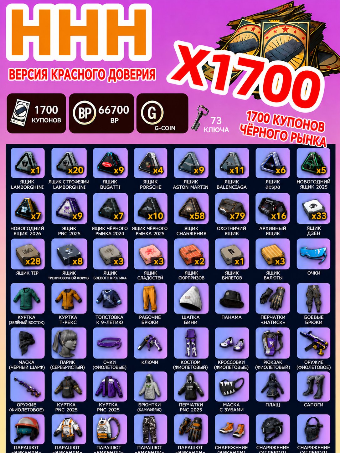🔥1700 COUPONS🔥300+ CHESTS 🔥66700VR 🔥73 KEYS 🔥PNC2025 SET✅AUTO DELIVERY✅, No BATTLEGROUNDS Plus