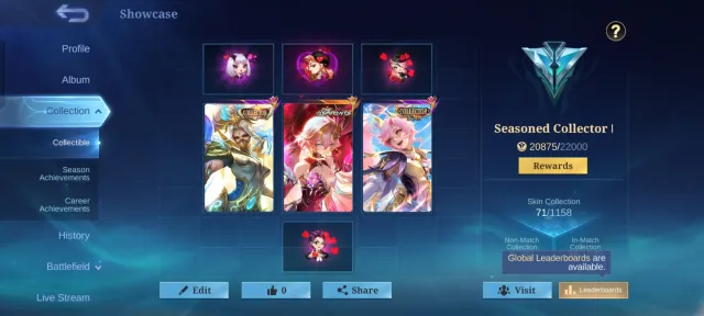 ASPIRANT OBSIDIAN; COLLECTOR HANABI, LEILA; LIGHTBORN FANNY, HARITH, Sale, Rank: Legend, Level: 31, Win Rate: 87%, Heroes: 50, Skins: 71