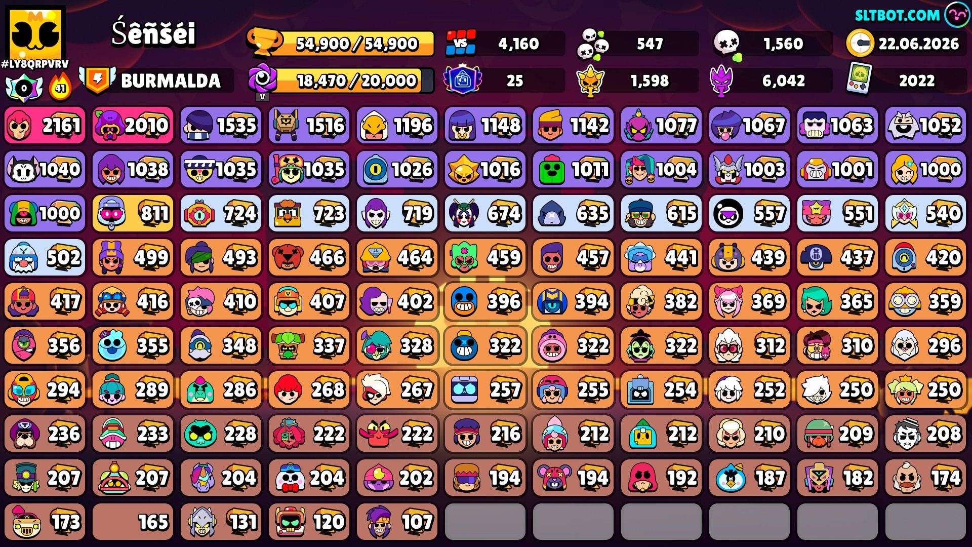 ALL BRAWLERS | 279 SKINS | 40 BUFFY | SATURNIAN GLORY, trophies 54900, brawlers 104, primes 25