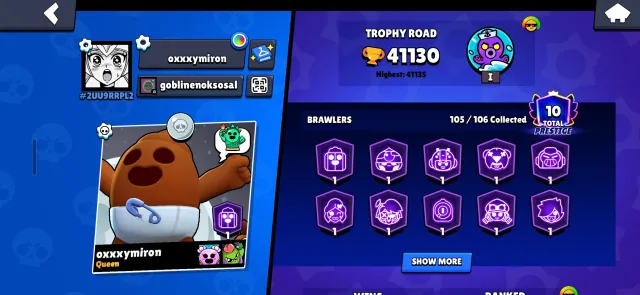 Fantastic account 119 epic skins, 15 mythic skins, 7 hypercharges, 41000 trophies, 105 brawlers, 10 primes