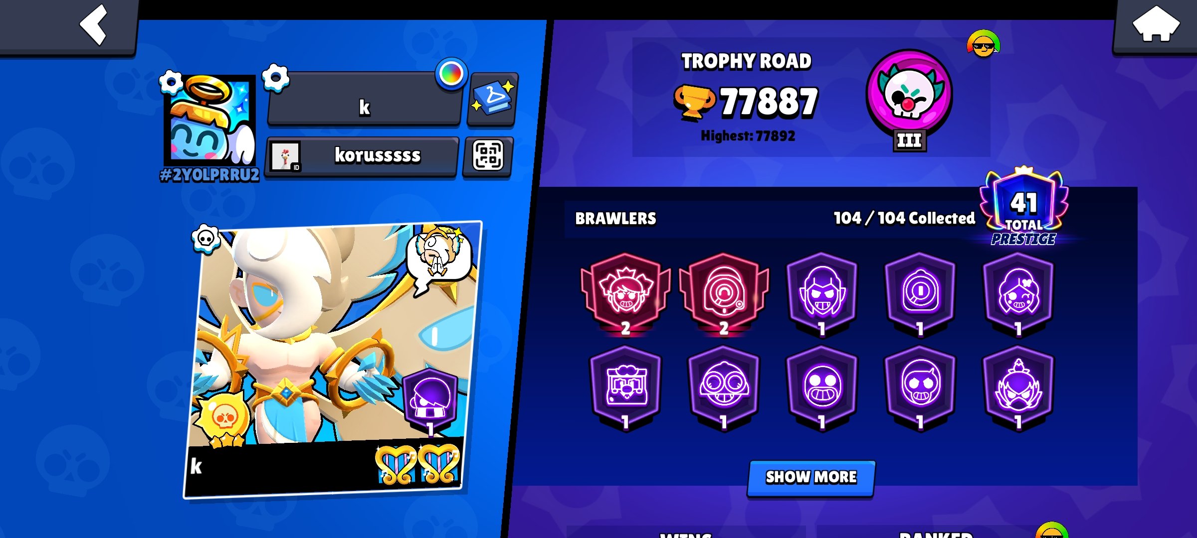 2019 account, skins, 90 full brawlers, trophies 77900, brawlers 104, primes 41