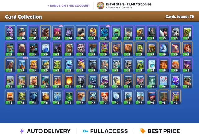 (Android/iOS) ⭐ CR King 10 ⭐ Archers + Electro Dragon + Tesla ⭐ + BS 12K trophies ⭐ Full access, Arena 12, Level 10, 3884 trophies, 79 cards, No