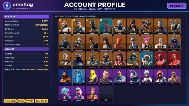 ⚡ 【FORTNITE】 💎 Travis Scott, Midas, Omega, Take The Elf, Drift 💎 81 skiny | 1437 lvl | 300 V-Bucks, Sprzedaż, skiny 81