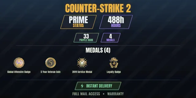 CS2 Prime🎮488h💠4 medals Medal for Service 2019, Loyalty Badge, 5-Year Veteran Coin, Global, Sale, With inventory, Has PRIME
