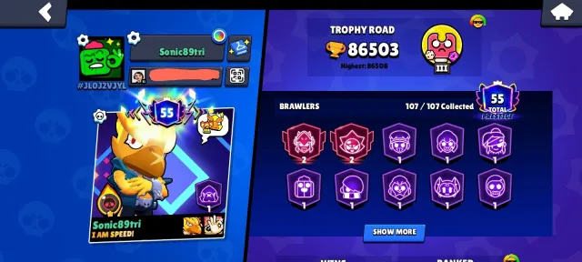 🏆86503🏆⚒️47x11⚒️💎110 gems💎✨55 Prime✨📌Read description 📌, 86503 trophies, 107 brawlers, 55 primes