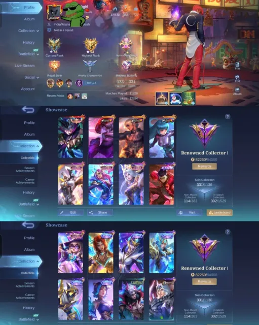👑 Miya Legend 🥋 Chou KOF + STUN 💀 Gusion KOF ❄️ Aurora KOF 🌙 Selena Event Box ♈ 5× Zodiac Skins, Продажа, Ранг: Мифический, Уровень: 107, Процент побед: 55%, Герои: 133, Облики: 331