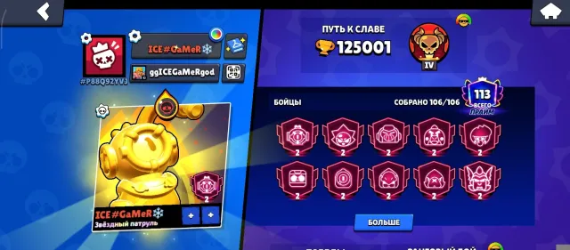 Account since 2022, 125001 trophies, 106 brawlers, 113 primes