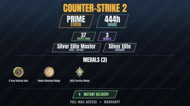 【CS2 Prime💠444h💎3 medals】 Service Medal 2023, 5-Year Veteran Coin, Global Offensive Badge, Sale, With inventory, Has PRIME