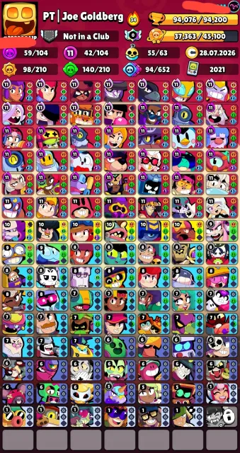 🎅📌94,000🏆🌟104/104👤59 HYPER42 11 STRENGTHS🪙360 SKINS~38K GEMS🎎56 TITLES💮55 BUFFS❇️🔰〔22 2nd PRIMES〕, trophies 94000, brawlers 104, primes 71