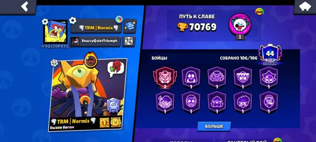 account in Brawl with 70k trophies meteorite glory, 70769 trophies, 106 brawlers, 44 primes