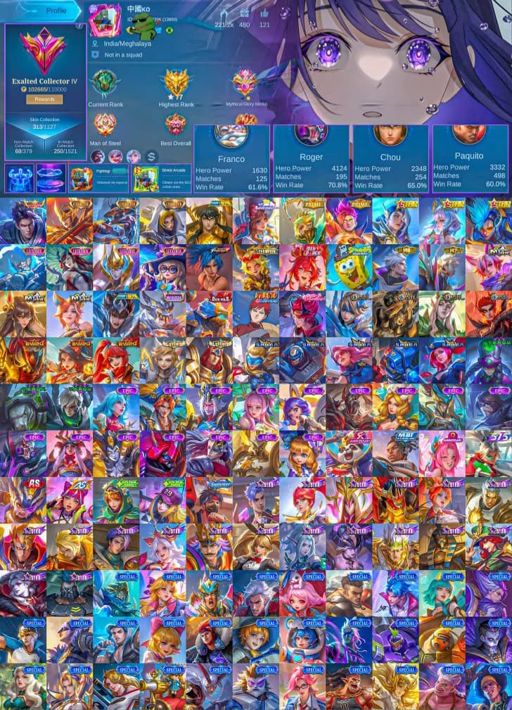 👑 Alucard Lgnd 🏹 Yi Sun-shin🦾 Pharsa Collector ♎ Chou Golden Libra 🏆 TLPH & Epic Recall Effect, Sale, Rank: Mythic, Level: 54, Winrate: 55%, Heroes: 102, Skins: 313