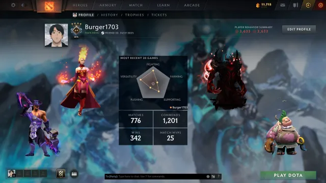 St Wächter | Arcana Lina | Persönlichkeit Pudge | 526 Skins, Verkauf, 1333 MMR, 3633 Ehrlichkeit, 3633 Höflichkeit, 776 Spiele, 780 Stunden