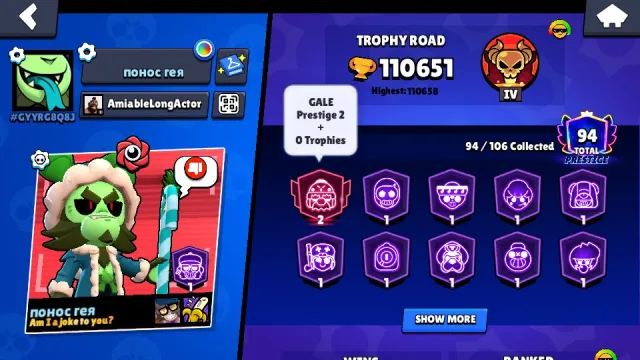 🏆110K🏆⭐️94PRIMES🟡52K Coins🟡💎209 Crystals💎✨36K BLINGS, 110651 trophies, 94 brawlers, 94 primes