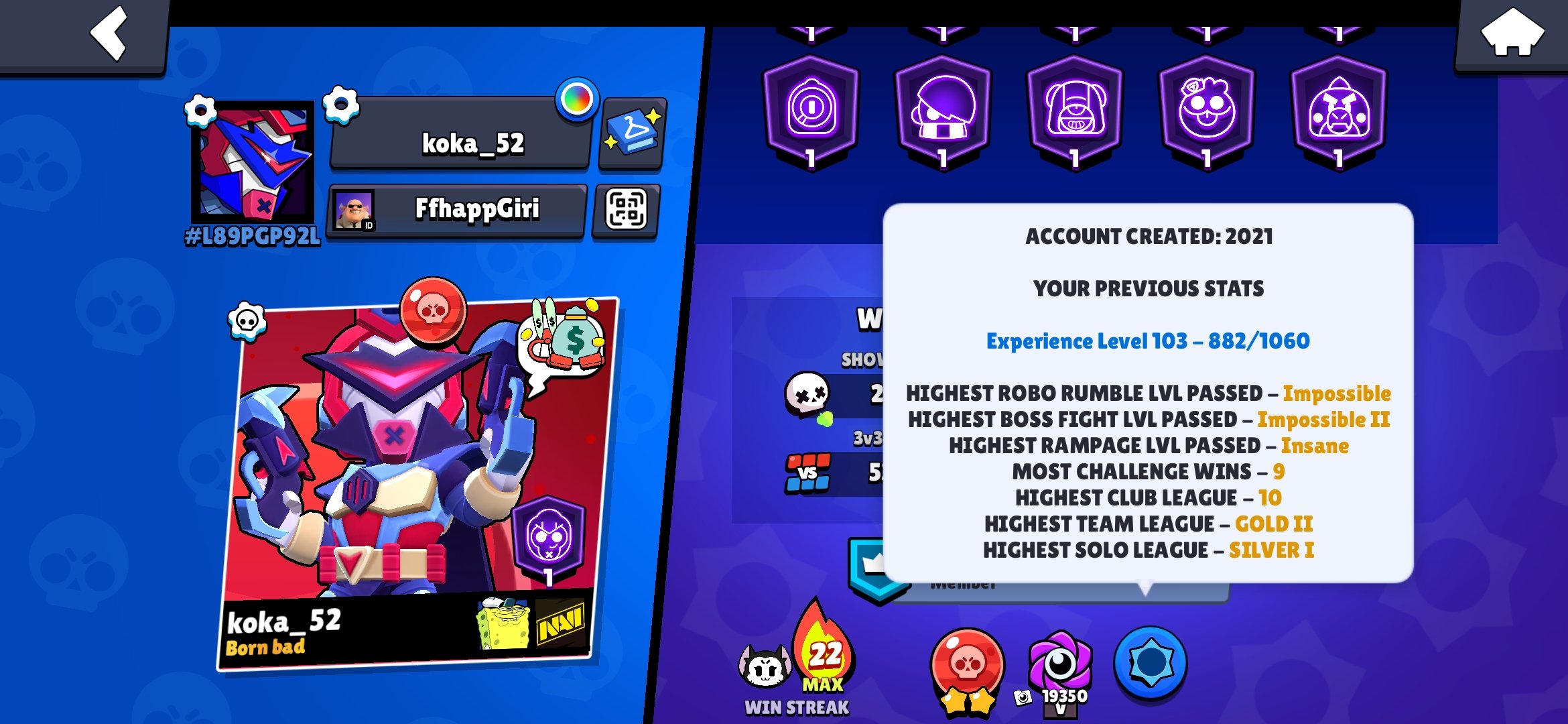🏆45513🏆【🎴104 FIGHTERS(ALL EXCEPT NORI)🎴】【😎 OLD ACC 2021😎】【⚡45-11 POWER(32 HYPER)⚡】【👑TOP SKINS👑】, trophies 45513, brawlers 104, primes 26