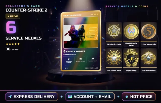 🎯 ◆ 6 MEDALS • CS2 PRIME • CS2 LVL. 21 • 36 GAMES ◆ 2018 Service Medal, 2019 Service Medal, Sale, With inventory, Has PRIME