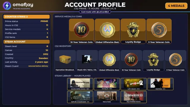 ⚡ CS2 PRIME ⚡ +4 RARE MEDALS: 10 YEARS · GO · LOYALTY • 2012 • +5 GAMES • FULL ACCESS #4FU4HC, Sale, With inventory, Has PRIME