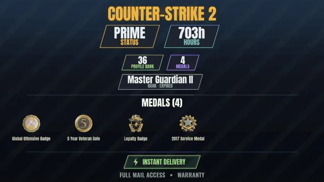 【CS2 Prime💎703h🎯4 medals】 Service Medal 2017, Loyalty Badge, 5 Year Veteran Coin, Global, Sale, With inventory, Has PRIME