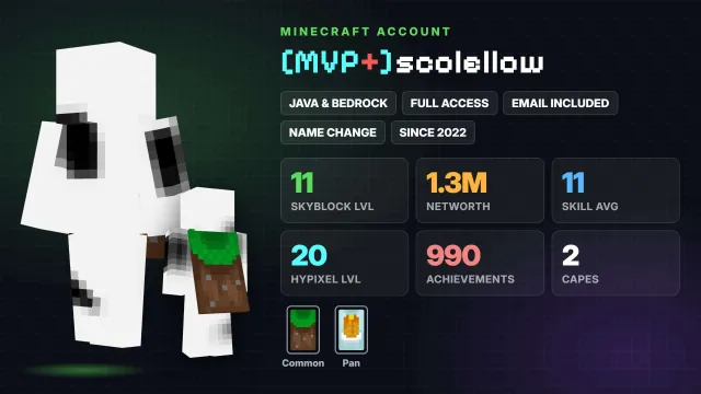 👑 [MVP+] 🌱 SkyBlock Level 11 💰 1.3M Networth 🦸 Cloaks (2): Common, Pan ✅ Java & Bedrock & full access, Sale, All account data