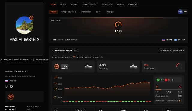 🌈1005 MATCHES🔥1795 ELO🟪🟢VERIFICATION🟪🍎OPEN TP💎EXCELLENT STAT💎🔥DESIGN ✅9 LVL FACEIT🔥, Sale, Empty, No PRIME, FACEIT, 1795 ELO, With registration: Yes