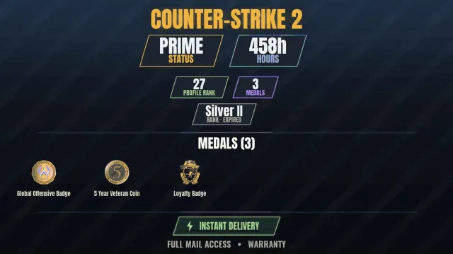 【CS2 Prime🎯458ч👑3 медалей】 Значок верності, Монета ветерана 5 років, Значок Global Offensive, Продаж, З інвентарем, Є PRIME