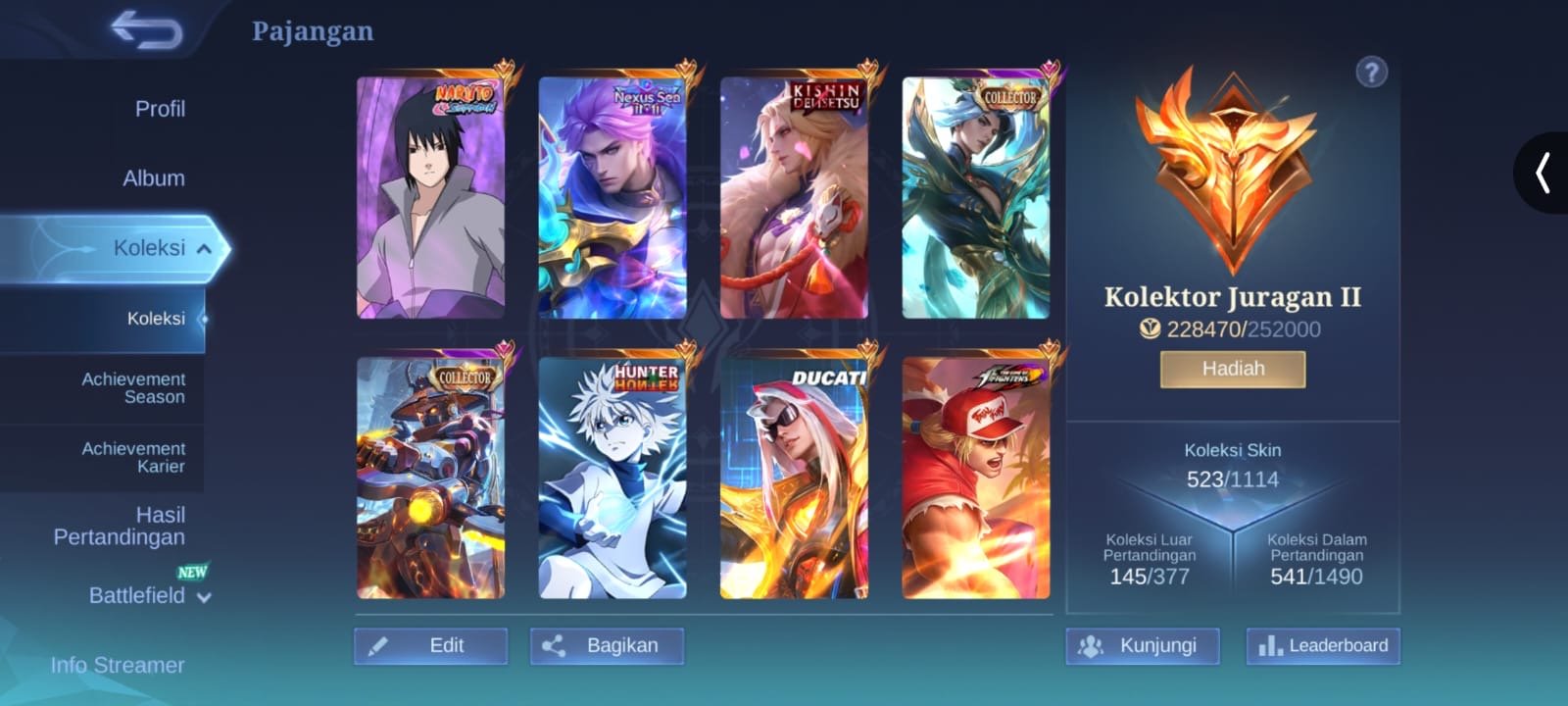 🔥Mega-2🔥Forest/Mid-Acc🔥Lance-Kishin, Sue-Sasuke, Ling, Lisunsin-Coll, Leomord-Ducati, Harit🔥, Sale, Rank: Mythical Immortal, Level: 100, Winrate: 55%, Heroes: 133, Skins: 523