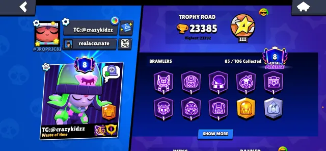🔥Top Account🔥 [1 MONTH WARRANTY + REBINDING]🔥, 23385 trophies, 85 brawlers, 8 primes