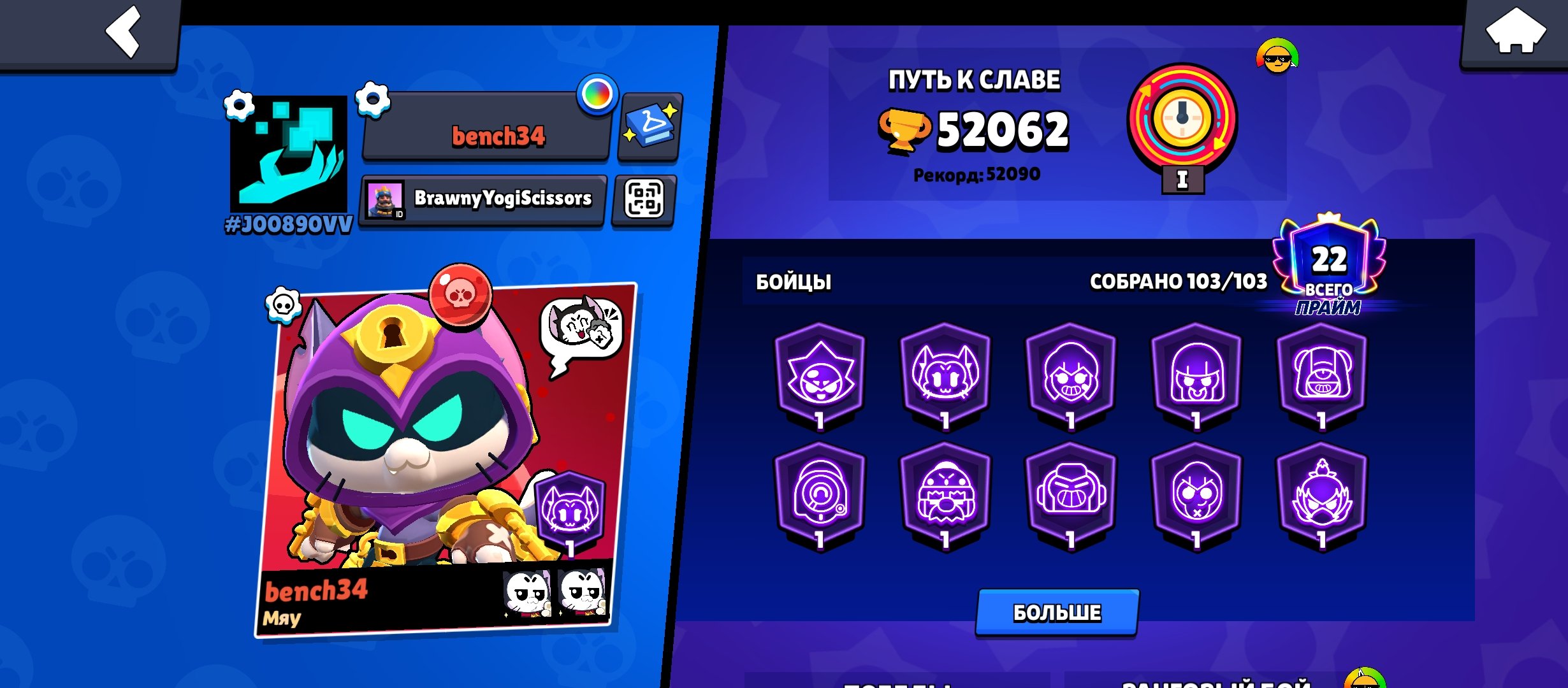 Please send a message with any questions; if I'm offline, just leave a message., trophies 52852, brawlers 101, primes 18