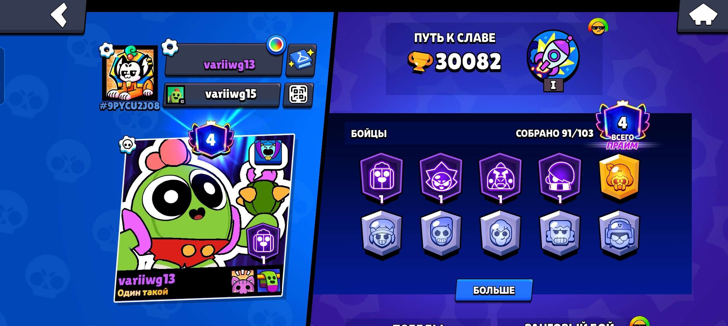 2019 account, 30082 cups, 9 gems, 22174 coins, 8993 blings, trophies 30082, brawlers 91, primes 4