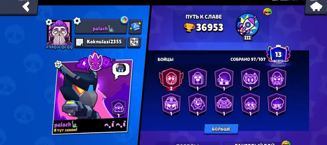 🍇IDEAL FOR A MAIN🍇💜LOTS OF SKINS AND BRAWLERS💜, 36953 trophies, 97 brawlers, 13 primes