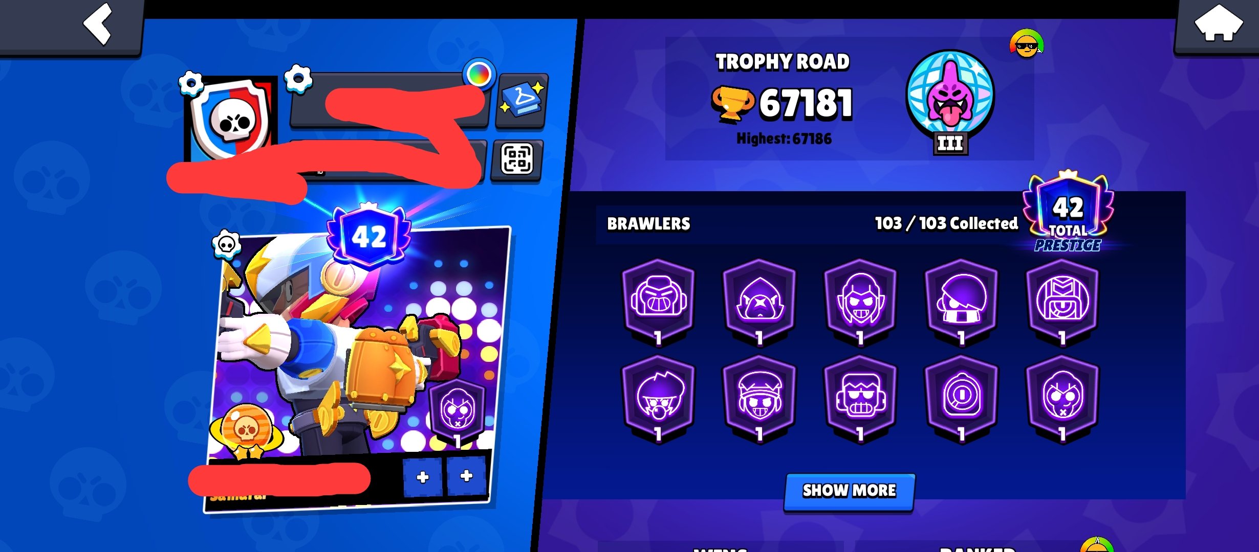 🏆𝟲𝟳𝐊🏆【🎫𝟭𝟲 BP SKINS🎫】👤1O3/1O3👤𝟯𝟬𝟱 SKINS~28k💎❰𝟯𝟱 11-х C HYPER❱📹VIDEO📹, trophies 67000, brawlers 103, primes 42