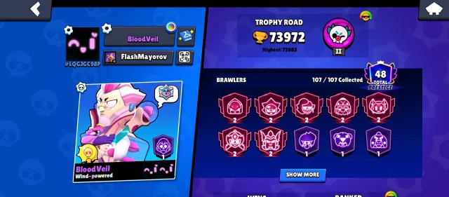 🏆74K🏆【🎫27 BP SKINS🎫】👤1O7/1O7👤315 SKINS~32k💎❰TOP BIBI🔹40 BAFFI❱📹VIDEO REVIEW📹, 74000 trophies, 107 brawlers, 48 primes