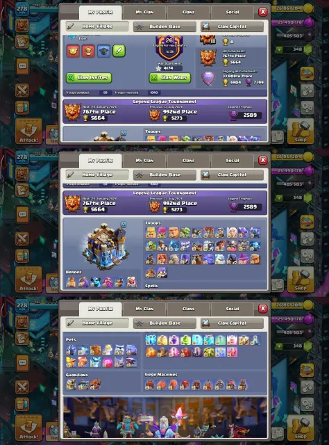 TH18➤Almost Max➤XP 278➤Rank 767➤Legends League 3➤Decorated Base➤Lab Max➤Heroes Max➤14 Epics Max, 18 TH Родной Деревни, 10 TH Строителя