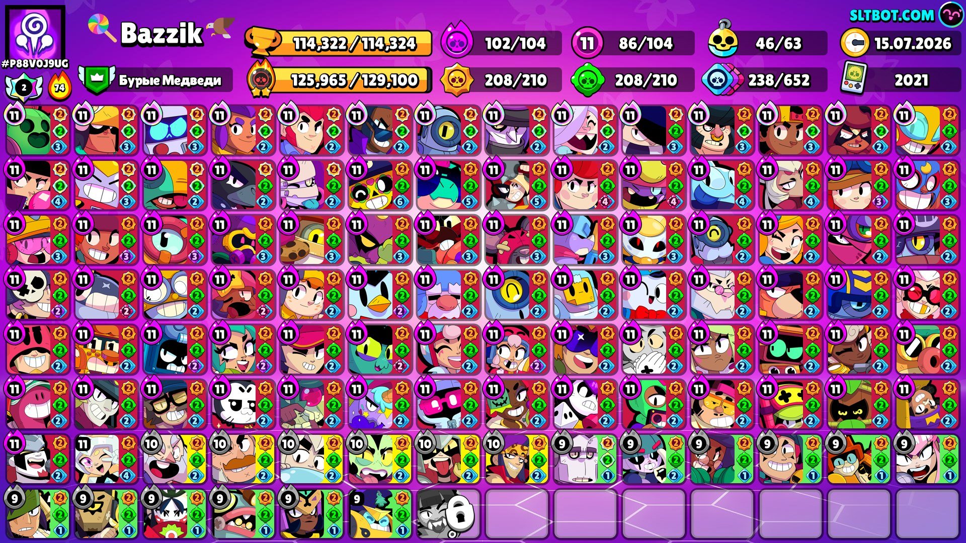 The best account for the base, all fighters, all skins, all pins, exclusive, trophies 115000, brawlers 105, primes 104